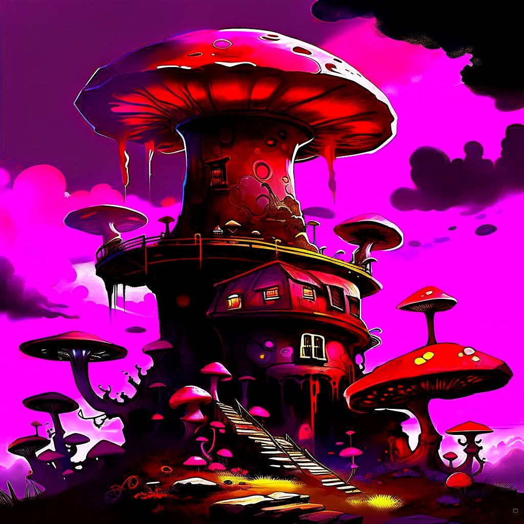 A fantabulous black, magenta and red (((mushroom tower house))) erected atop a (geologic pillar), surrounded by the uncanny imaginative ((( swirling skies))), offset by the stark hues of a (neon-tinged nebulous space scape), within. captured by the hand a skilled master painter with a focus on (softly blurred compositions and voluminous lighting).