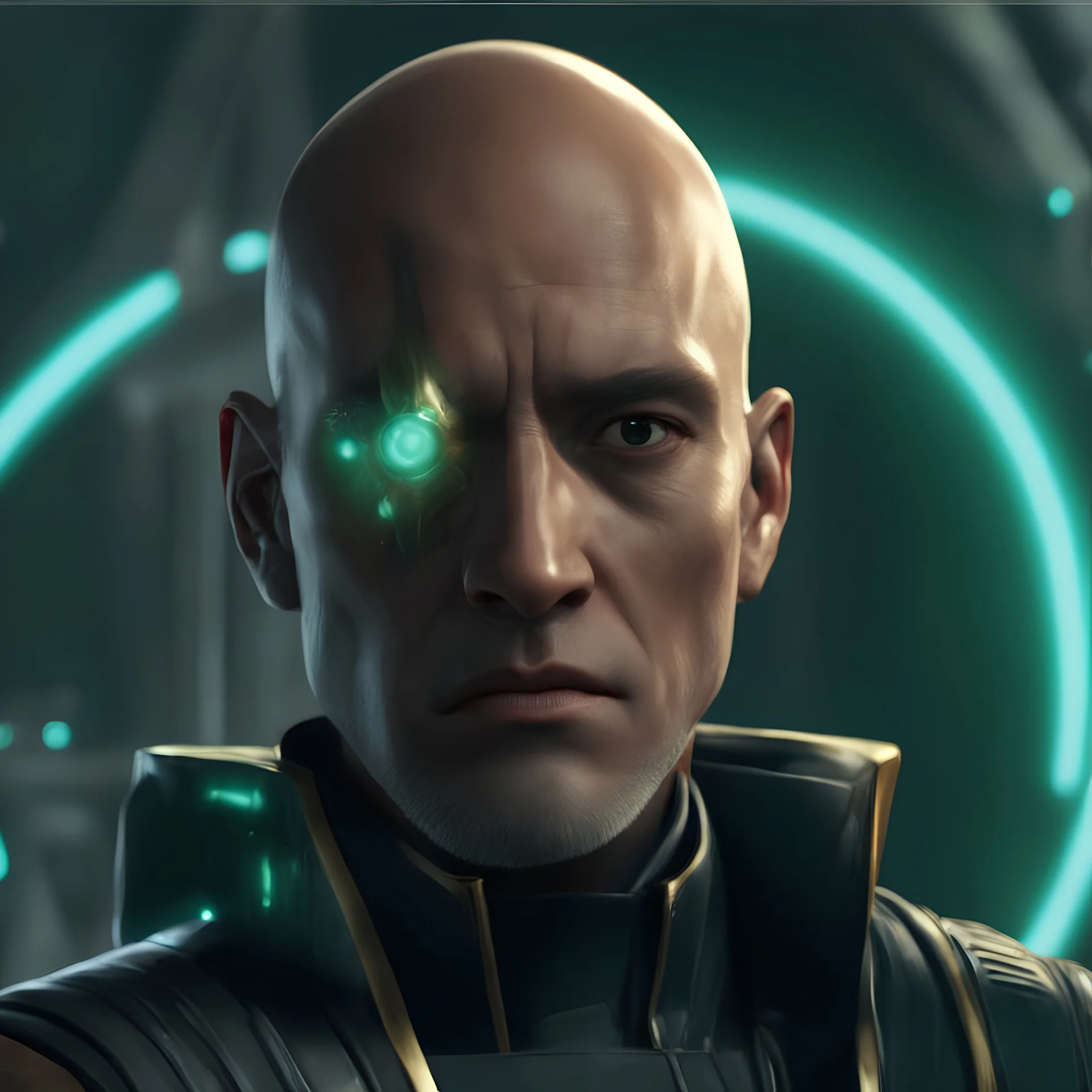 star wars bald male corellian jedi pilot wearing gunmetal grey and black old republic armored robes with gold trim inside the jedi temple holding a lightsaber with viridian green blade in left hand, centered head and shoulders portrait, hyperdetailed, dynamic lighting, hyperdetailed background, 8k resolution, volumetric lighting, light skin, fully symmetric details