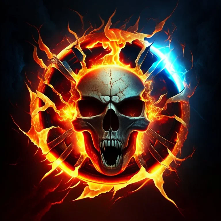 fiery fiery skull inside an ellipse and with lightning around it