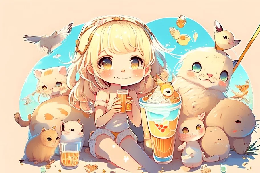 cute blonde chibi girl with an iced cocktail surrounded with cute chibi animals (mostly cats) in sunshine