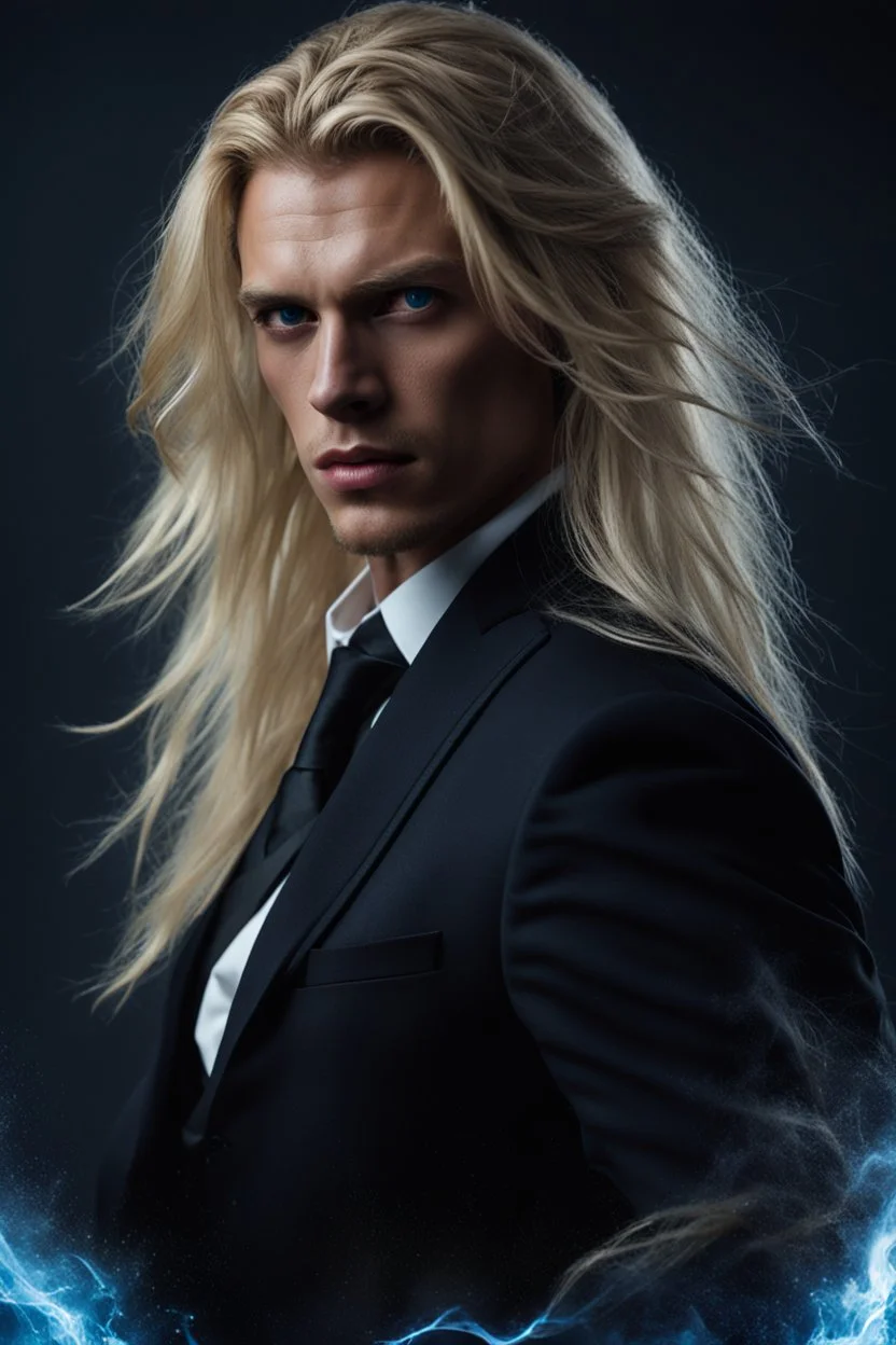 portrait of a malavolent stunningly handsome male aged 25, muscular, long blonde hair, blue eyes, wearing a dark suit, angry expression,4k, modern fantasy