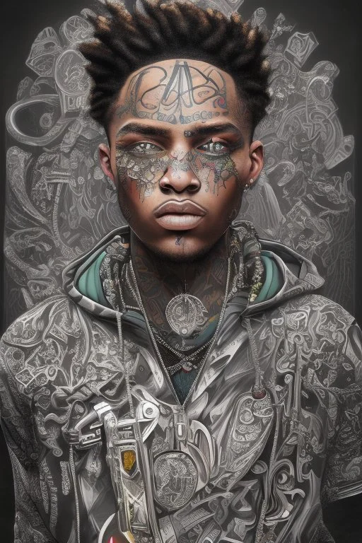 Cool black rapper with all the jewelery and tattoos, hoody and moves. Surrounded by an abstract backstreet graffiti vibe