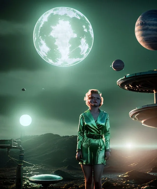 Ultra Realistic retro sci-fi 1960 scene, waist up view portrait, blonde woman, sweet young Marilyn Monroe face, perfect iris, tight latex coat, alien planet background, tight style, steel sphere dron levitating, fog, rain, soft color, highly detailed, unreal engine 5, ray tracing, RTX, lumen lighting, ultra detail, volumetric lighting, 3d, finely drawn, high definition, high resolution.