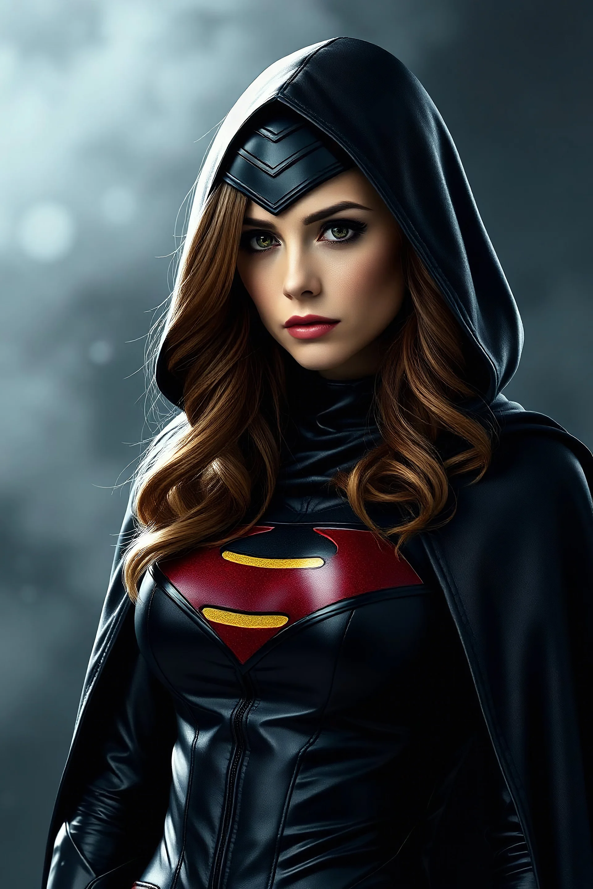 a sad looking superhero women wearing all black with a cape