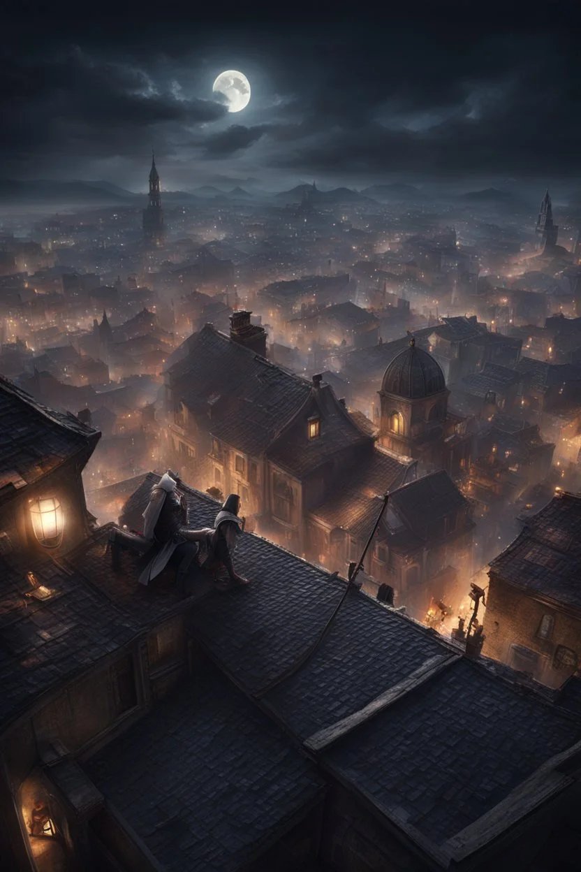 assassin's creed rooftops night scene, vista dal basso