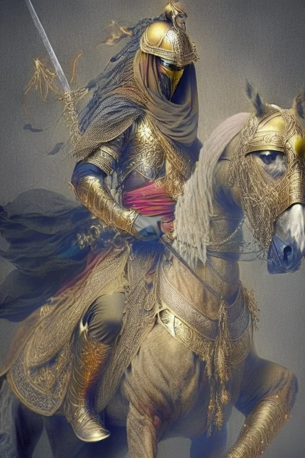 Arab warrior Full Body Full Armored Wearing Face Masculine Mysterious Powerful Fantasy High Quality Carrying his bow Golden clothes His horse behind him