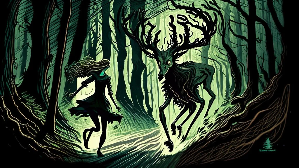 lovecraftian styled resurrected unhappy single deer chasing the modest human lady through the forest.