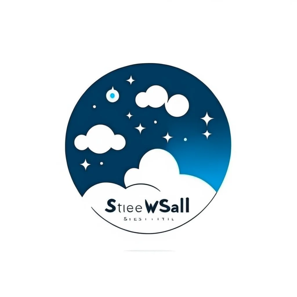 Logo, vector, clean, circle logo with a face looking up at the moon clouds and stars