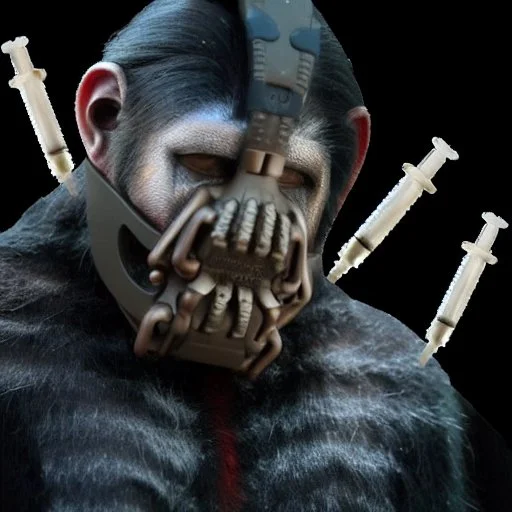 Ape earing Bane mask, visually stunning, trending on sci-fi forums and websites, explores the limits of technology and humanity, thought-provoking theme