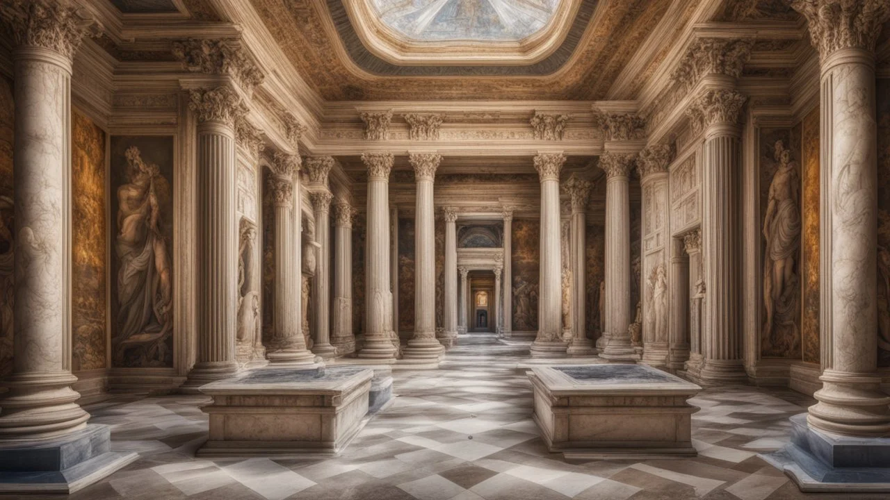 symmetrical view inside a palace in ancient Rome showing rooms, halls, courtyards, sparkling fountains, perfect symmetry, luxury, magnificent, marble statues, coloured pictorial tapestries, paintings, dream world, calm beauty, symmetry, fantasy world, magic, splendor, uplifting, inspiring, therapeutic, chiaroscuro, color, award-winning colour photograph, beautiful composition, exquisite detail, Nikon 135mm