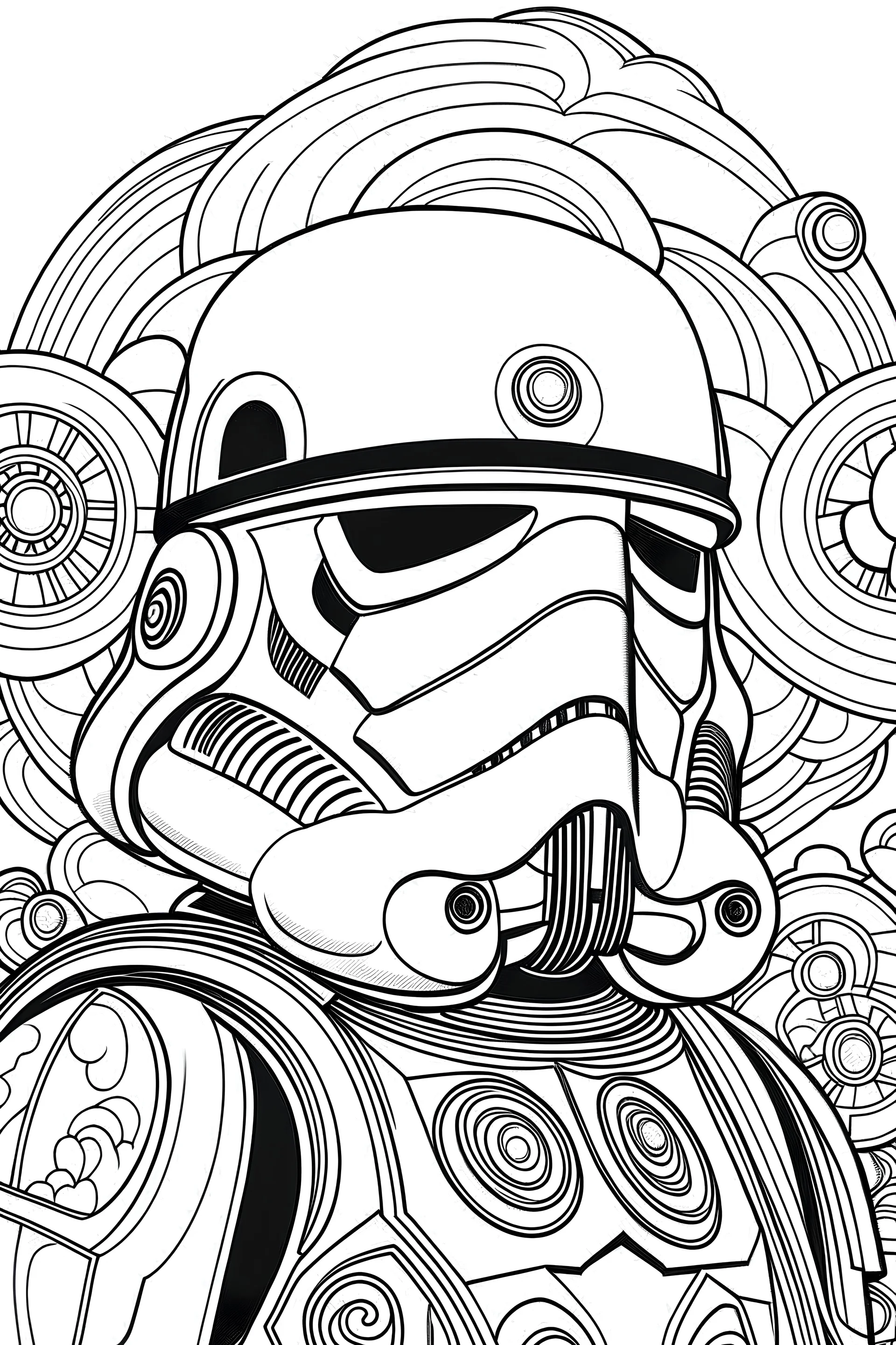 evolve diagram on right. keep stormtroooper facing stright forwards.coloring book style with storm trooper wearing a classic Mexican sombrero on clear white background