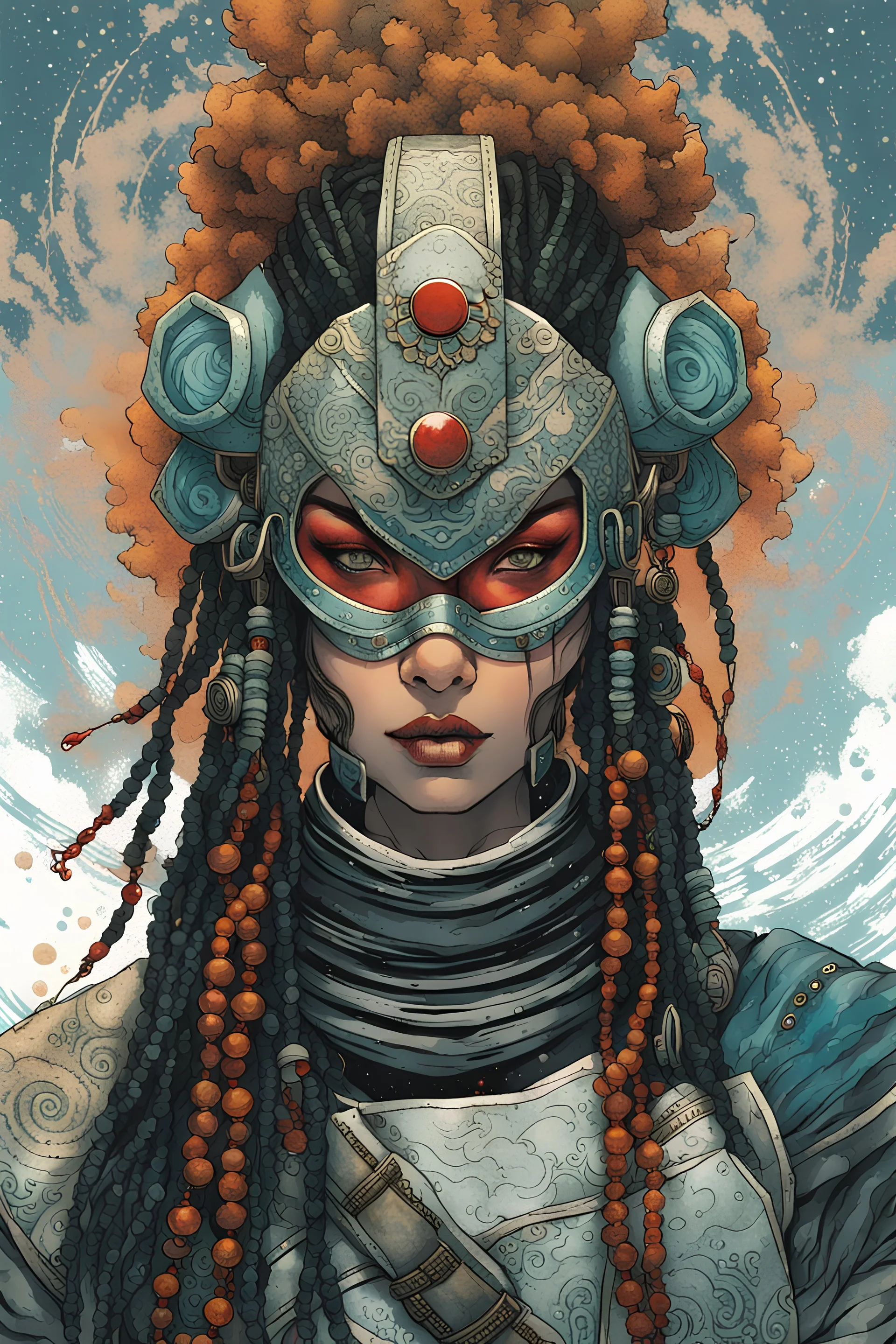 front facing portrait illustration of a grunge armored female , beaded dreadlock hair, vampire mercenary wearing an ancient ornate japanese kitsune mask , and shemagh, highly detailed with gritty post apocalyptic textures, caught in a cosmic maelstrom of swirling gases , finely detailed facial features and hair, in the graphic novel style of Bill Sienkiewicz, and Jean Giraud Moebius, ink wash and watercolor with realistic light and shadow