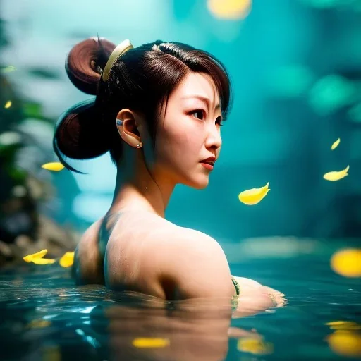 Chun-li underwater with yellow flowers for hair, closed eyes, rtx, reflection, 8k, glow, winning photography, caustics