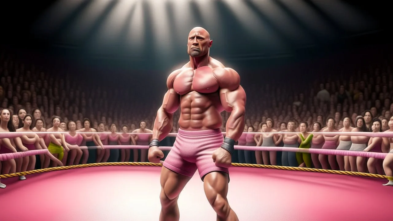 Highly detailed wide shot of Dwayne Johnson posing in a boxing ring, realistic, muscles, buff, flexing, pink skirt, eyebrows, large crowd