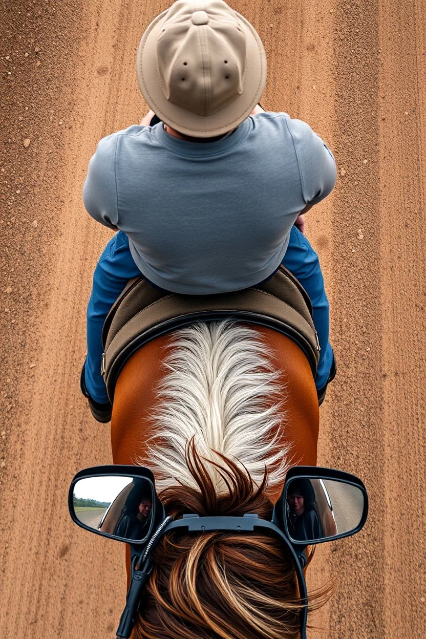 A man on horseback, top view, two car side mirrors are fixed on the horse sides in front. Camera view from the top to the horse rider and the hours including the two sides of the mirrors in front of the rider on the back of the horse