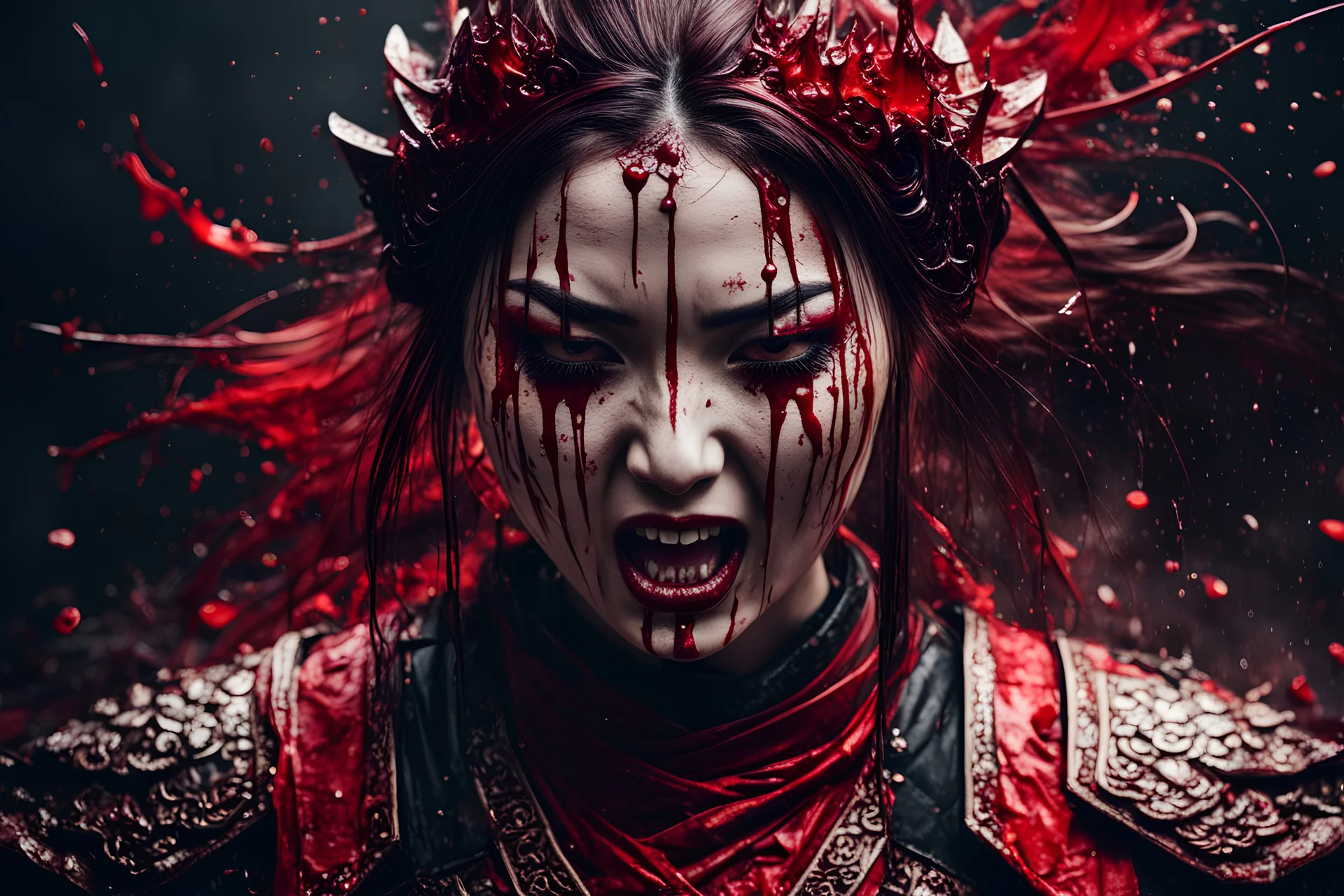 Tall girl samurai, face distorted with pain, screaming, tears streaming from eyes, siting pose, fullbody, splashes blood, behind guts rising from the ground, intricate, darkred tones, macro photography,