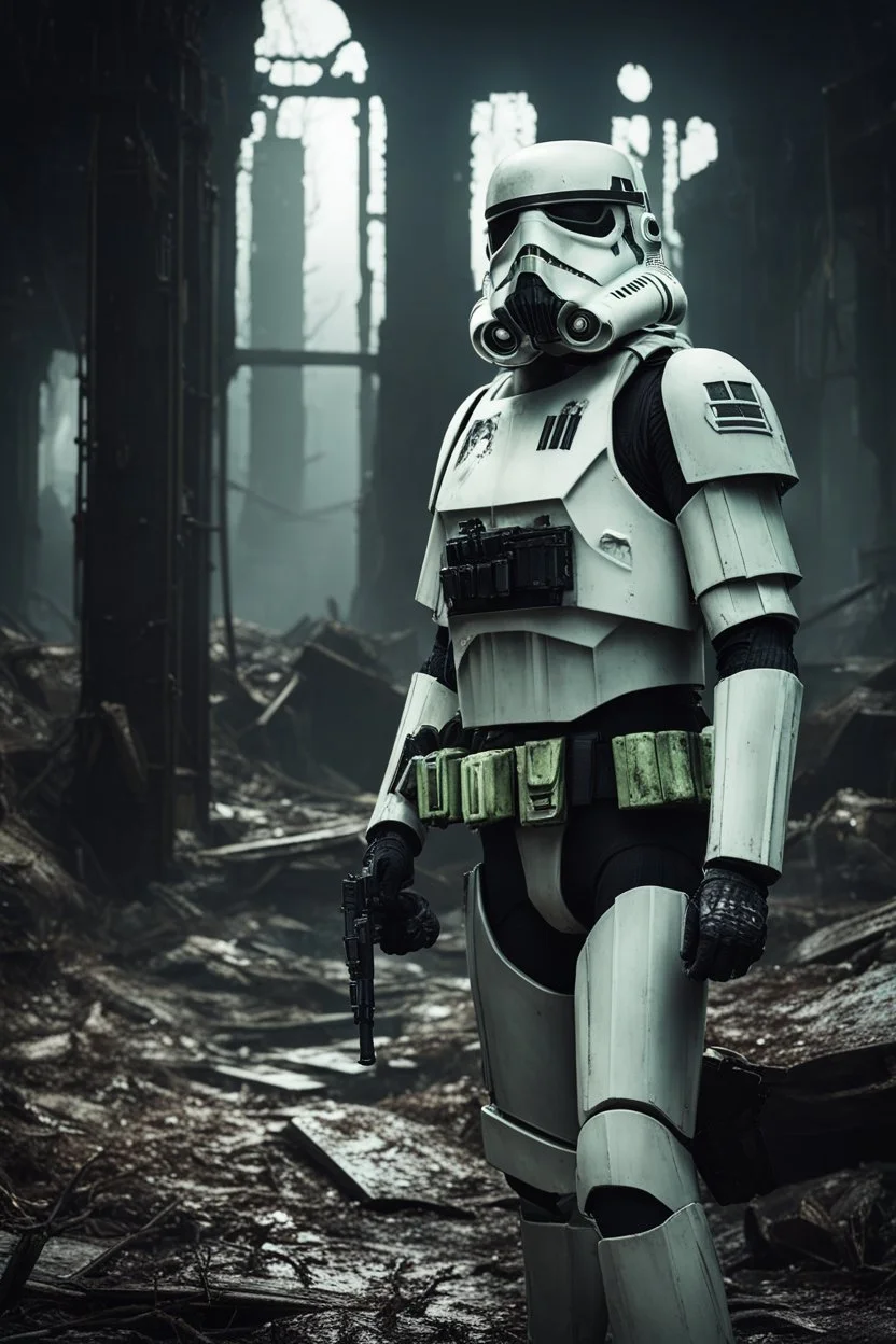 A haunting scene of a zombie Stormtrooper| decayed armor| eerie green (glowing eyes:1.2)| Staggering through a dark| abandoned Imperial base| (shadows:1.1) lurking in corners| Tattered remains of once pristine white armor| chilling atmosphere| (4k)| (8k)| Gruesome details| unsettling| cinematic| mysterious| captivating| spine-chilling| post-apocalyptic world