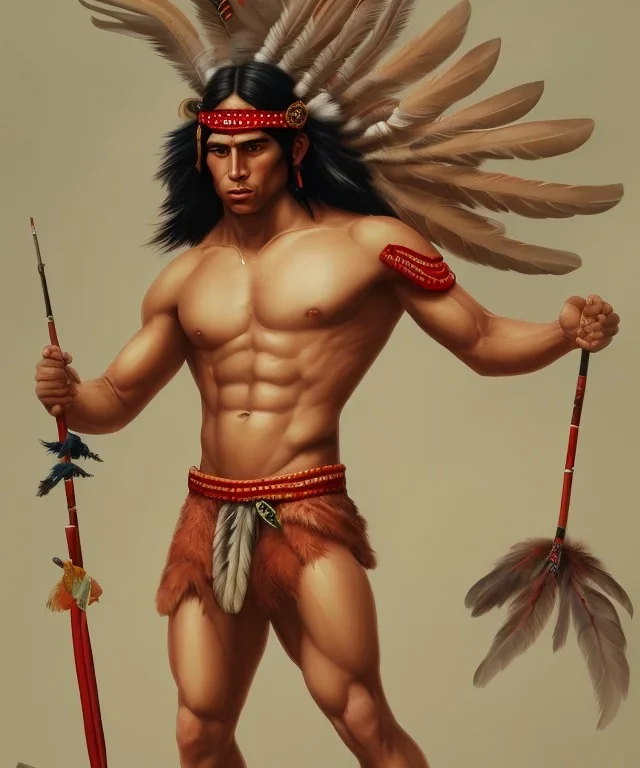 Guaicaipuro, native american god warrior, long black hair, big muscles, red feathers headdress, shirtless, holding a stone tip spear, fierce face