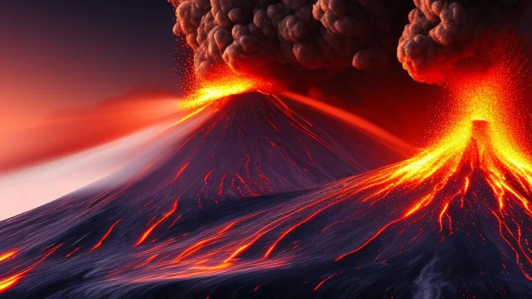 Massive volcano erupting with smoke and fire and ash