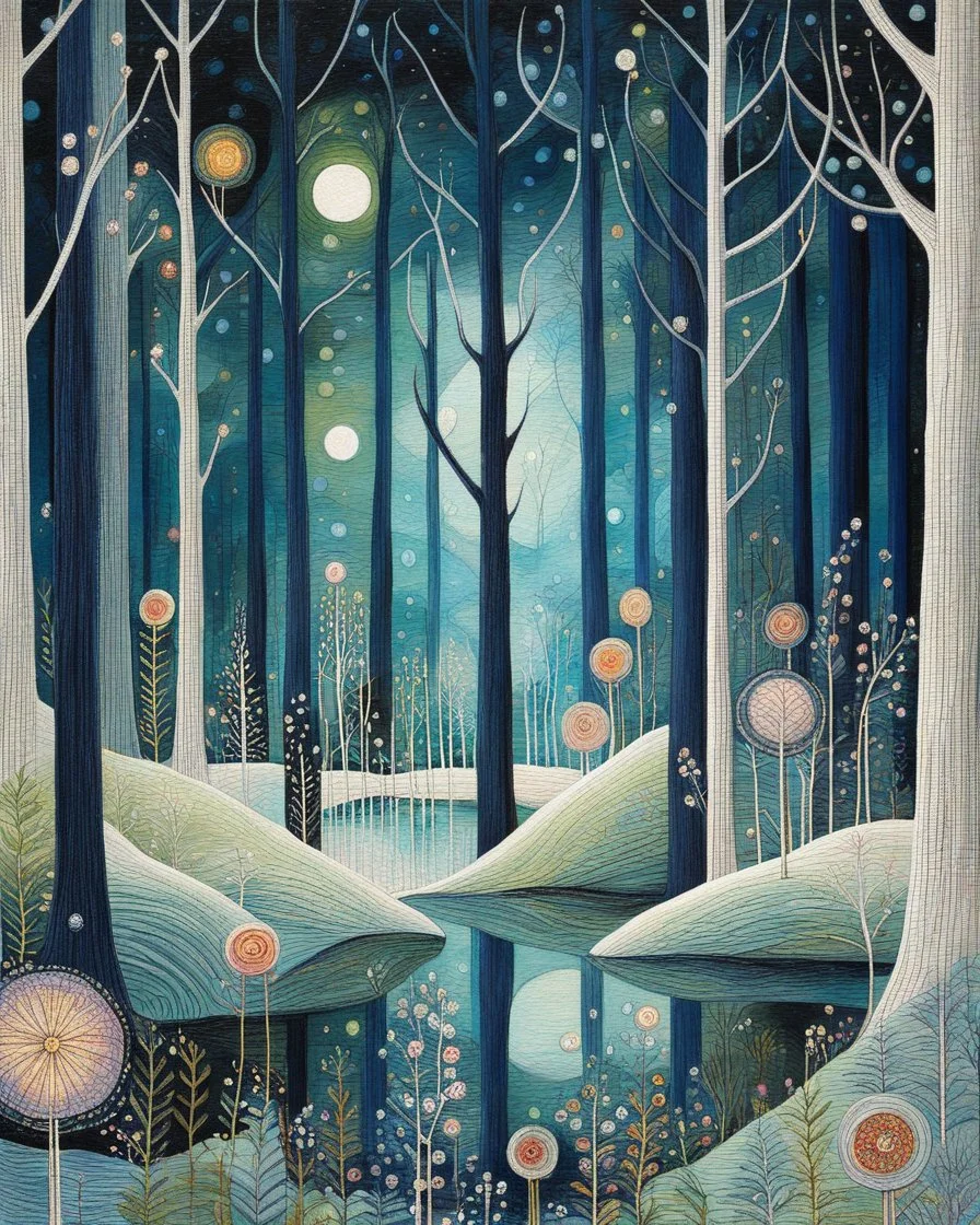 Whimsical landscape at night painting Embroidery by Flora Bowley and Jennifer Lommers and Enki Bilal heavenly intricate forest Minimalist filigree Snowy Dee Nickerson sterne very delicate lines Zen lines serene, twilight forest bathed in blue hues, featuring tall, slender trees and a tranquil pond reflecting colorful flowers and glowing orbs, evoking a dreamy, magical atmosphere.