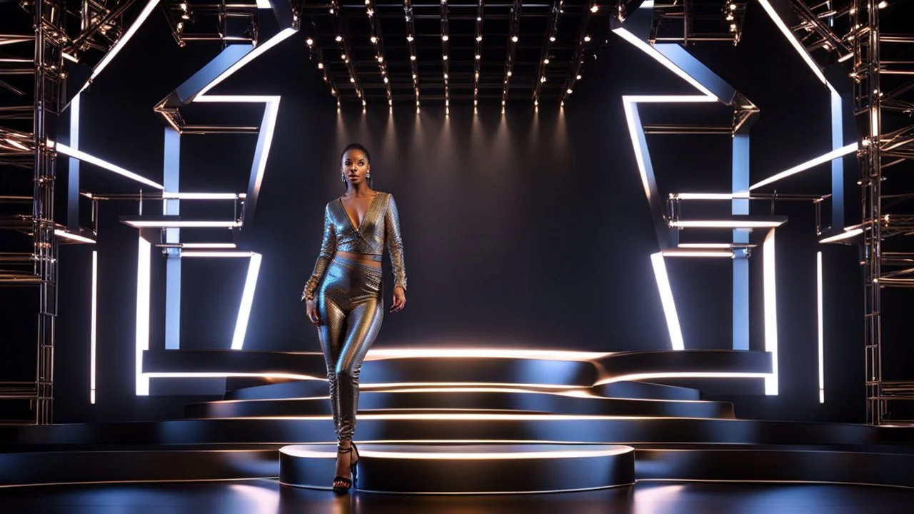 a 3d fractal stage structre made of metallic dark color 3d structures, pertty artistc background,dynamic lights,lady prances in modern fashion clothing dansing in stage
