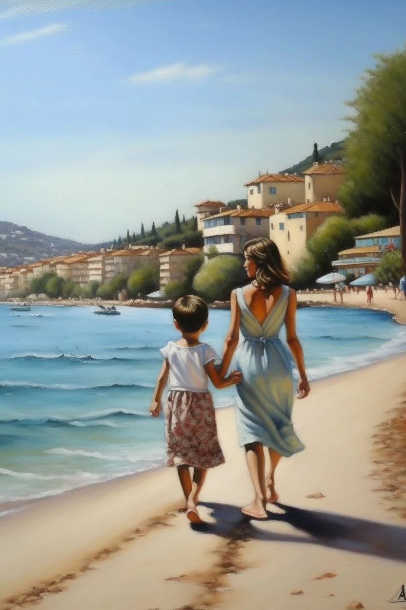 cote d'azur mother and child walking hand in hand from the back painting neoclassism sea