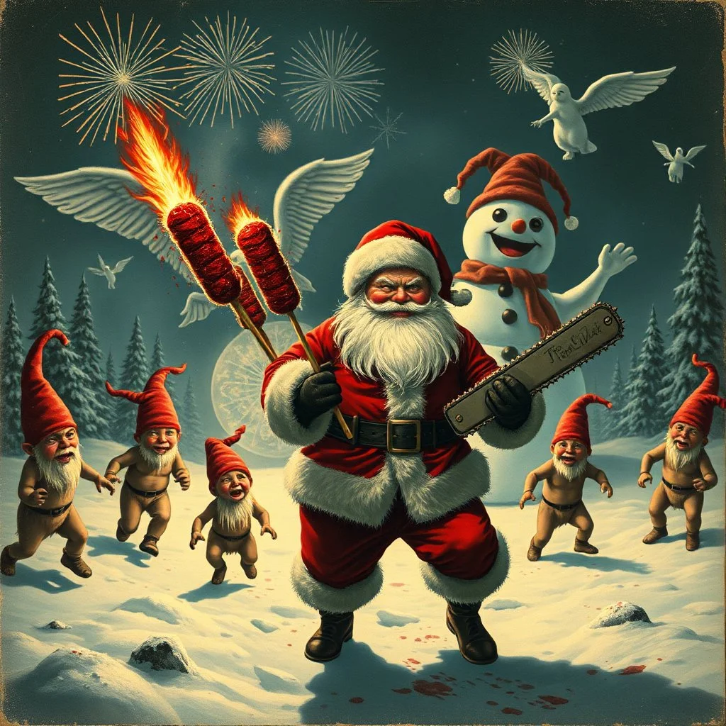 there is no kebabs at christmas, evil Santa, evil naked gnomes running around, staring flaming eyes, evil naked Rudolf, very big evil melting angry Frosty the snowman in background, 1940 christmas postcard, blood stains, Flying angels, Santa holding a chainsaw, fireworks,