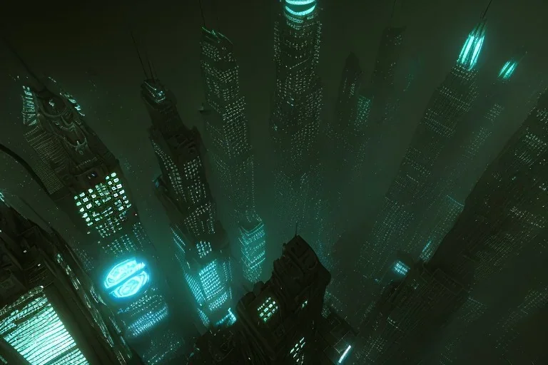 Night, Gotham city, dark, FOG, unsafe, rain, high level of detail, high definition, blue neon, blue lights, blender 3d, birdseye view