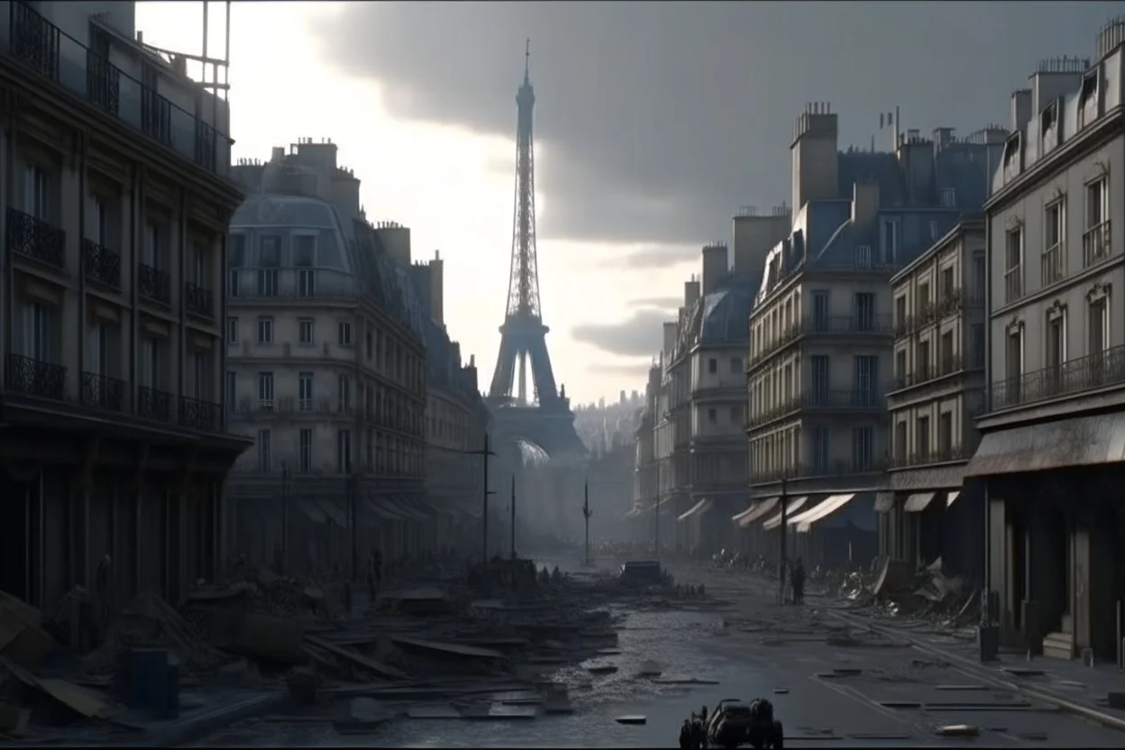 4k full realism. Crée un arriere plan le plus détaillé possible de la ville de Paris dévastée par un conflit nucleaire. Base toi sur l univers du film Terminator pour créer l image