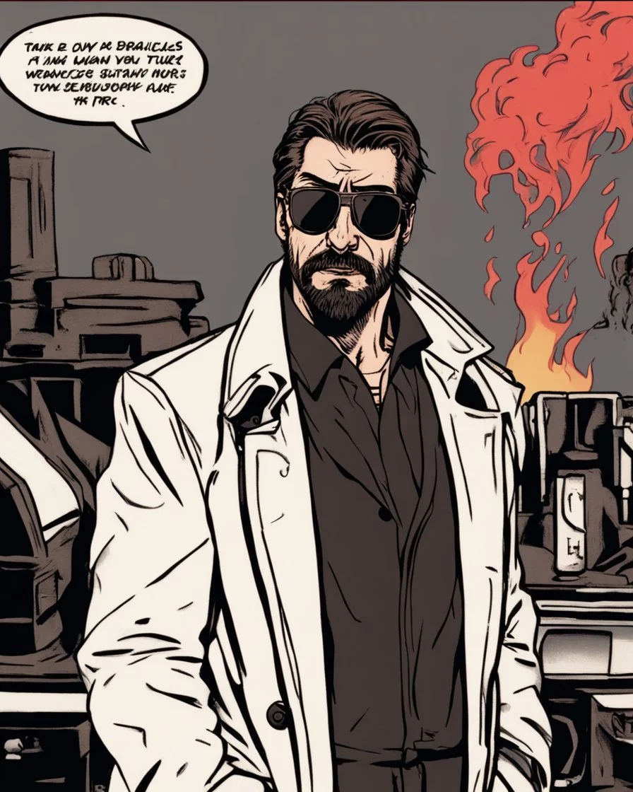 a young man with big muscles who looks like hans gruber wearing a heavy coat and red sunglasses staring with an irritated look on his face standing in front of a large fire