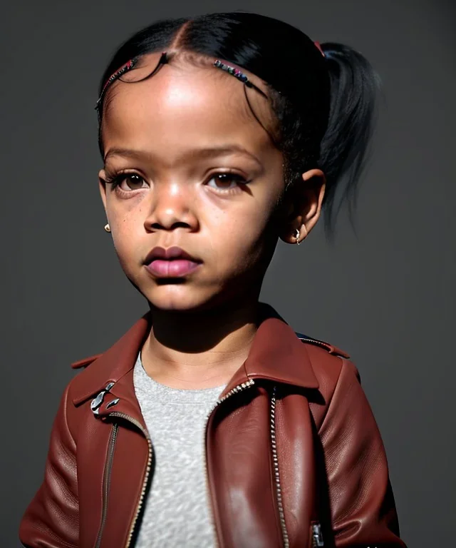 Rihanna toddler, full body, leather jacket, soft skin, dramatic lighting, hyper realistic