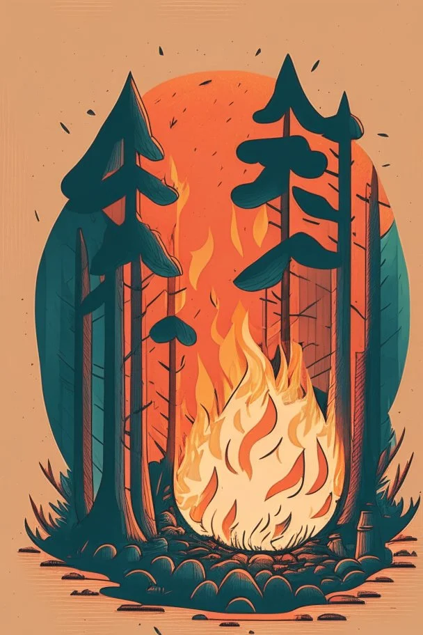 perfect round ball burning in a bonfire inside a forest, 2D flat illustration style, monoline, 3 colors max