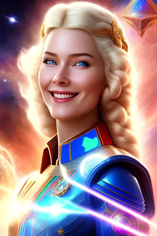 cosmic woman smile, admiral from the future, one fine whole face, crystalline skin, expressive blue eyes,rainbow, smiling lips, very nice smile, costume pleiadian, Beautiful tall woman pleiadian Galactic commander, ship, perfect datailed golden galactic suit, high rank, long blond hair, hand whit five perfect detailed finger, amazing big blue eyes, smilling mouth, high drfinition lips, cosmic happiness, bright colors, blue, pink, gold, jewels, realist, high commander