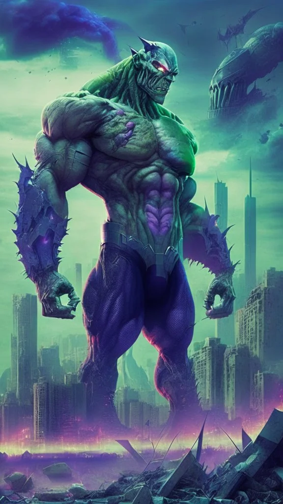 super villain evil alien, muscular, bio-tech, destroyed city in the background