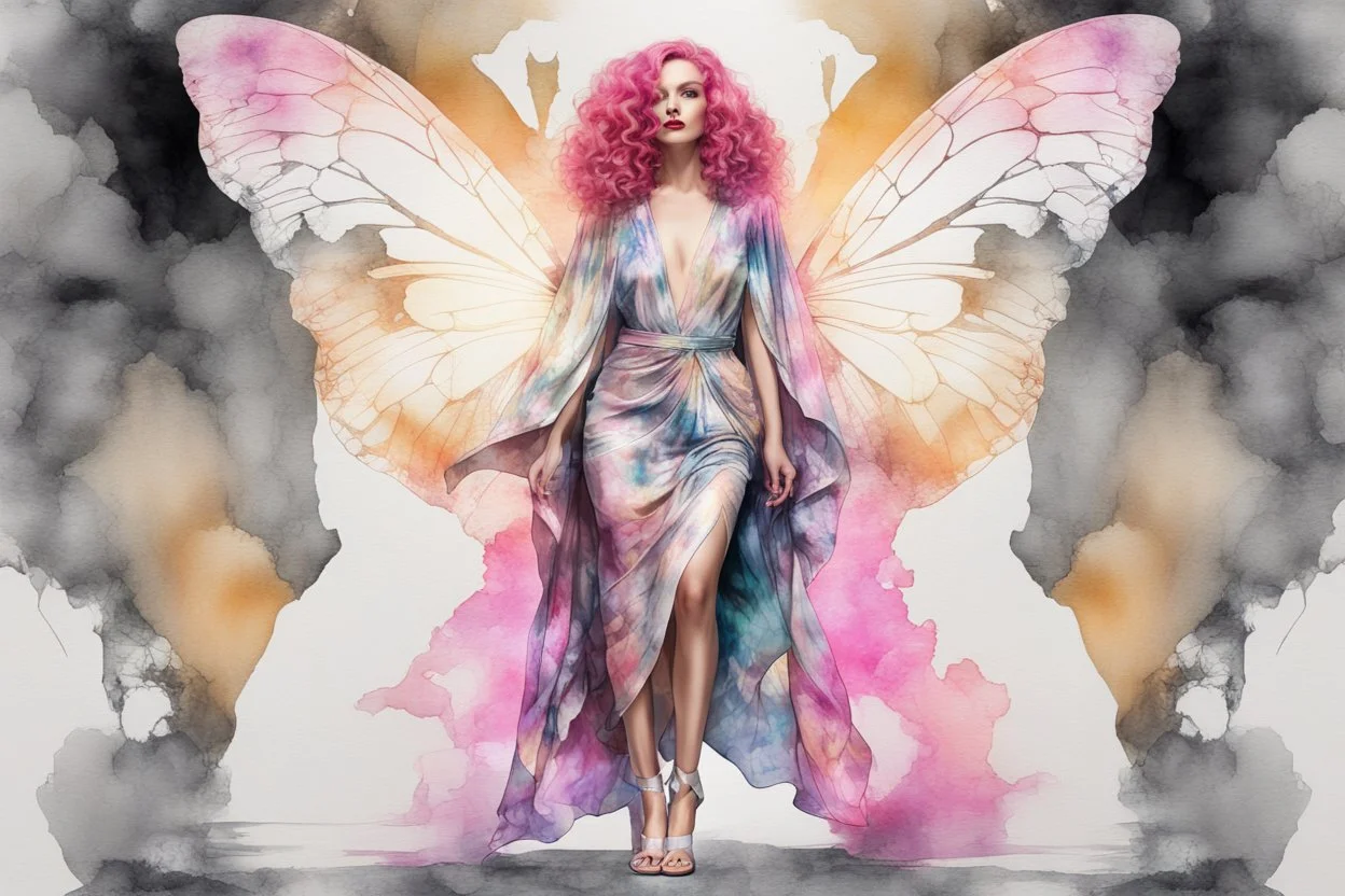 A beautiful woman with knee-length curly pink hair, wearing a butterfly-sleeved ankle-length tie-dye kaftan and silver high-heeled sandals, double exposure, merged layers, watercolor and black ink outlines, soft, shading strokes, cracked marble holographic background, the cracks are golden S<AI in sunshine