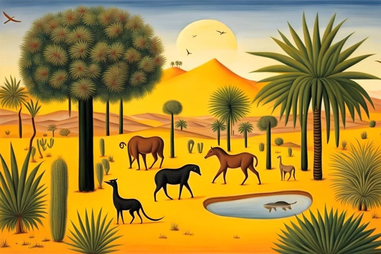 A desert oasis with animals by artist "Henri Rousseau"