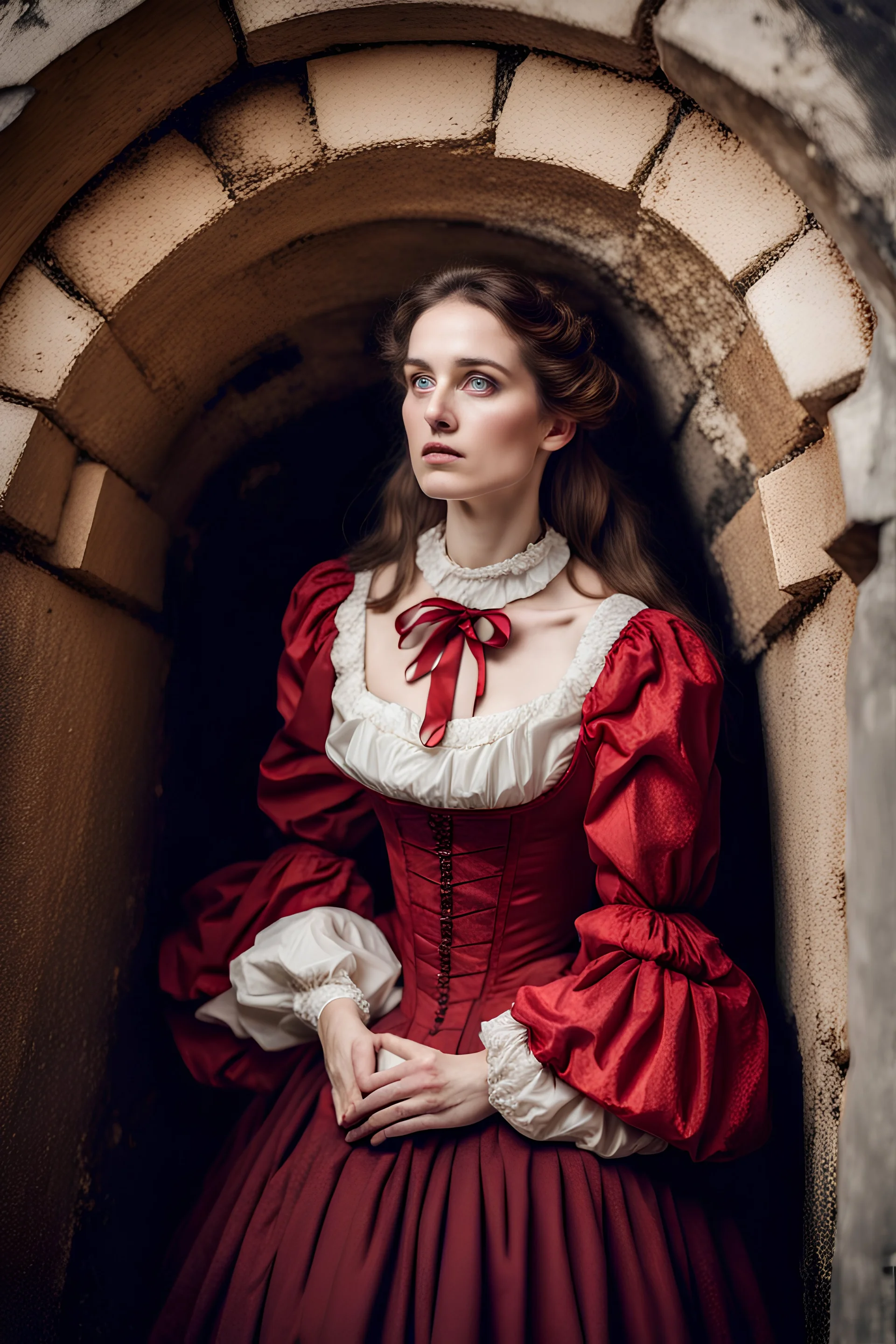 young woman with brown hair in victorian style wearing a red historical dress bruises under her eyes and gentle and kind face, From the perspective looking up from the bottom of an empty well,