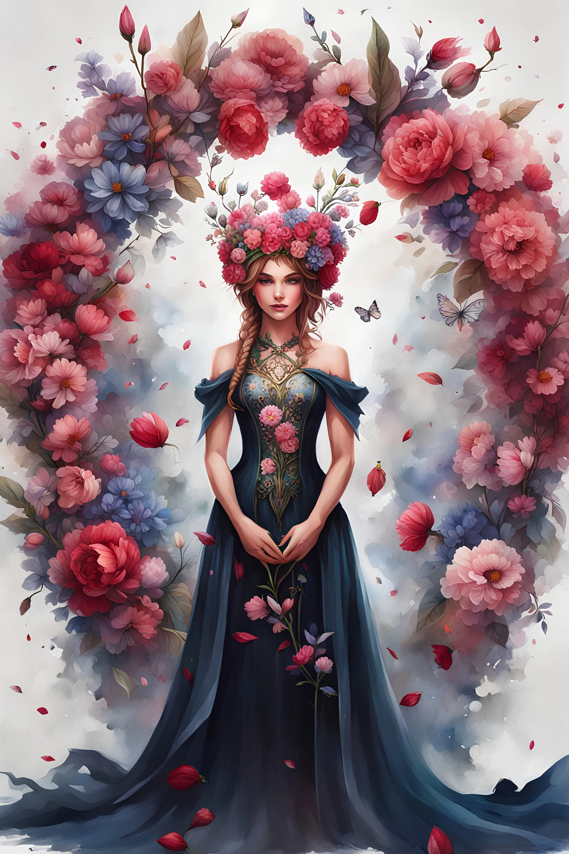 Pintura de Rayna Elfo coronada con flores, arte de tinta, calidad ultra, 8k, cuerpo completo