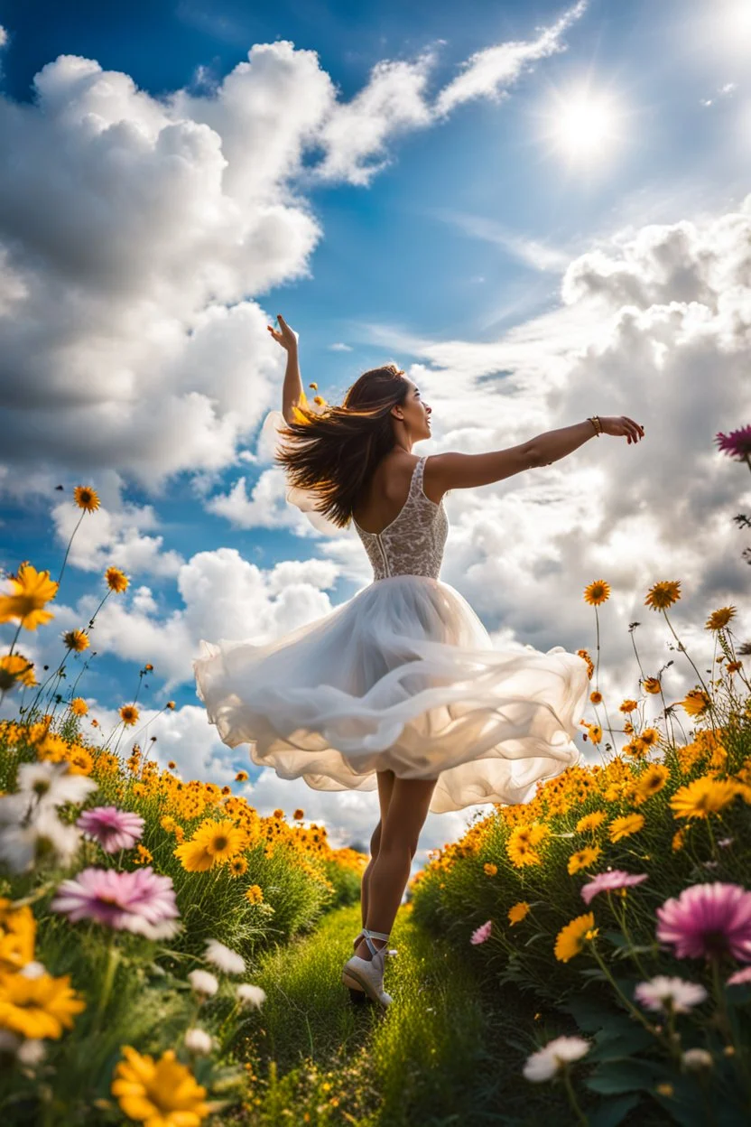 romantic environment heaven flowers clear nice clouds ,young girl gracefully dancing and presenting her joy and youth ,full body shot,sharp focus, surreal environment