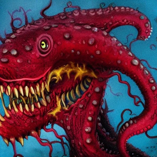 Red Tentacle monster with teeth, horror, detailed