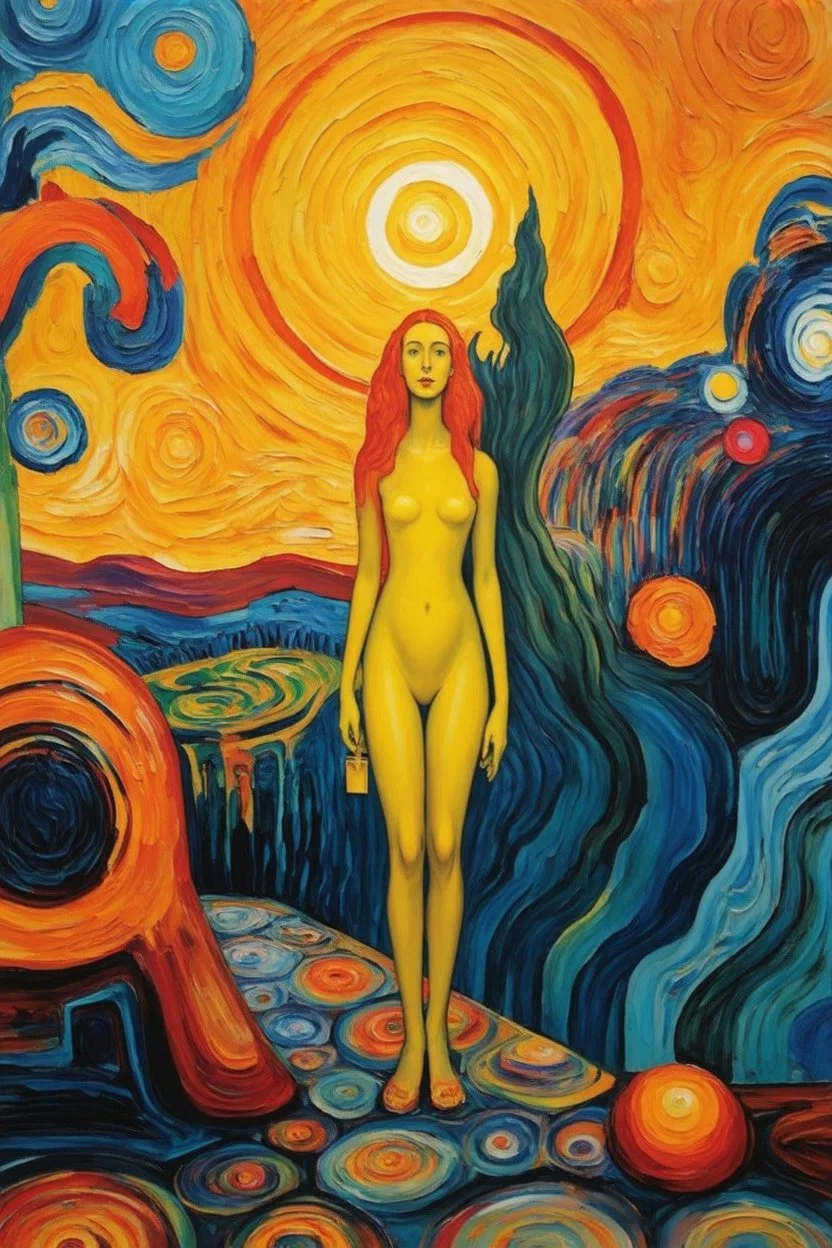 Luminous being; backdrop with a Hundertwasser and Van Gogh mashup style and with a subject in the style of Edvard Munch