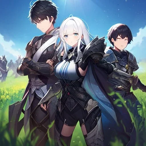 Girl with white hair. Boy with black hair wearing leather armor. Field