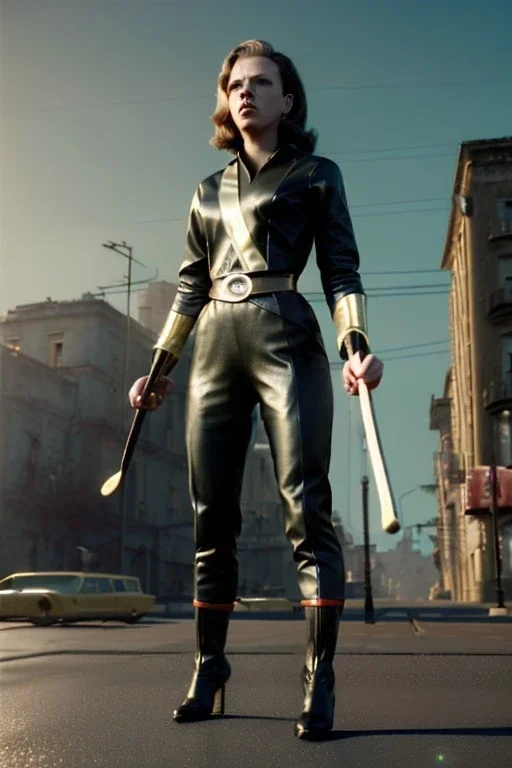 retro portrait image from 1960, city background, wind, long hair, fighting stance, young Scarlett Johansson, classic black tight lycra suit, metal stick weapon, gold bracelet and belt, high heel boots, soft color, highly detailed, unreal engine 5, ray tracing, RTX, lumen lighting, ultra detail, volumetric lighting, 3d, finely drawn, high definition, high resolution.