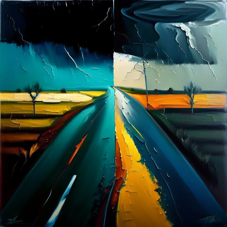 two diverged roads, art, oil colors