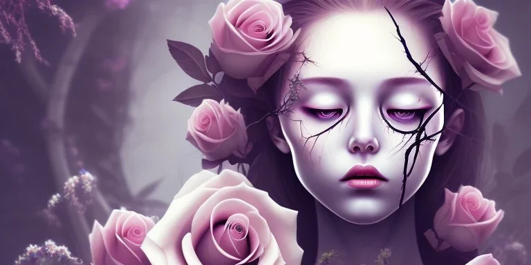 dead girl's decapitated head buried in flowers, beautiful, eyes closed