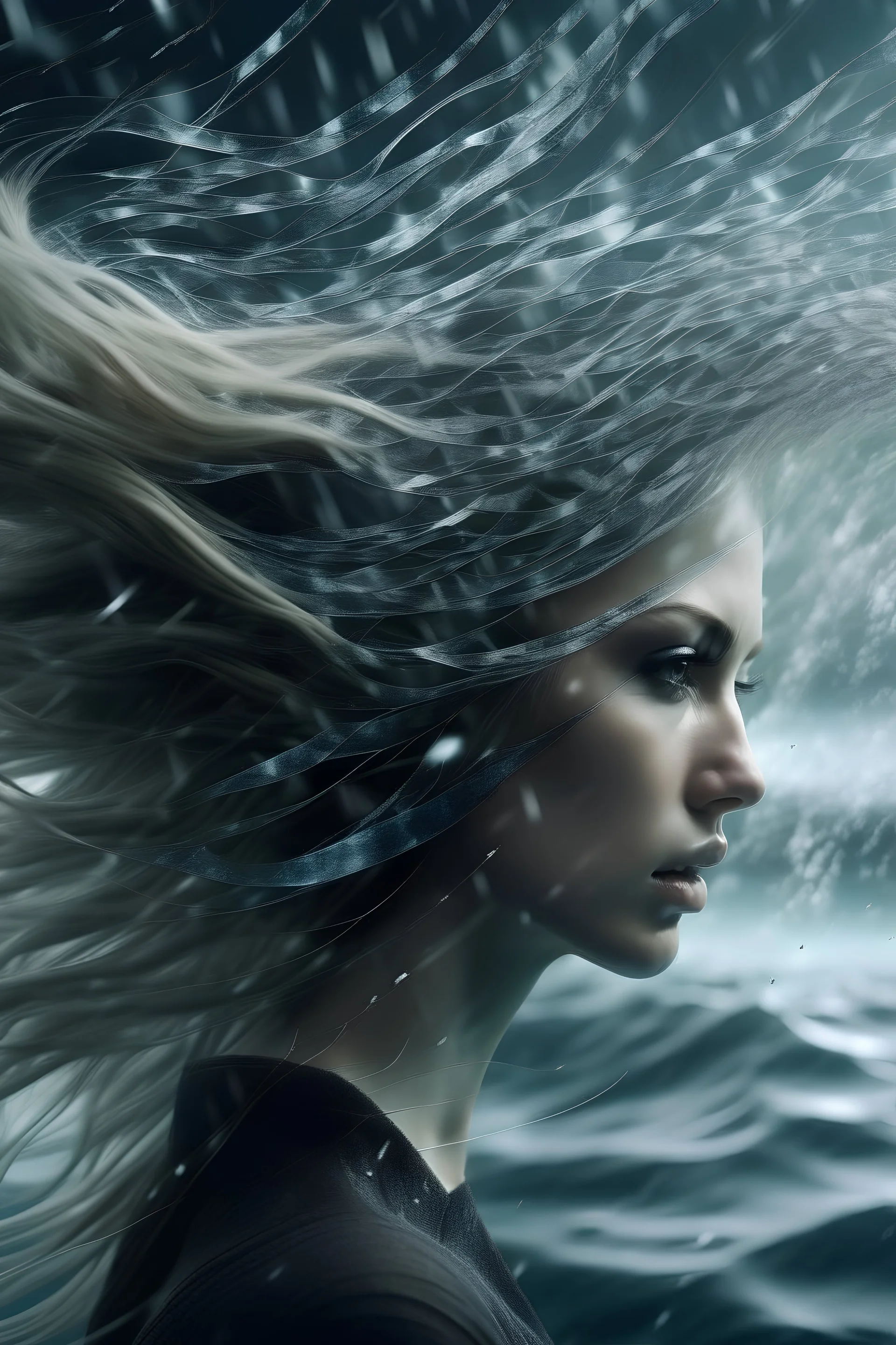 Photorealistic picture of: The Crystal Wind is the storm, and the storm is data, and the data is life.