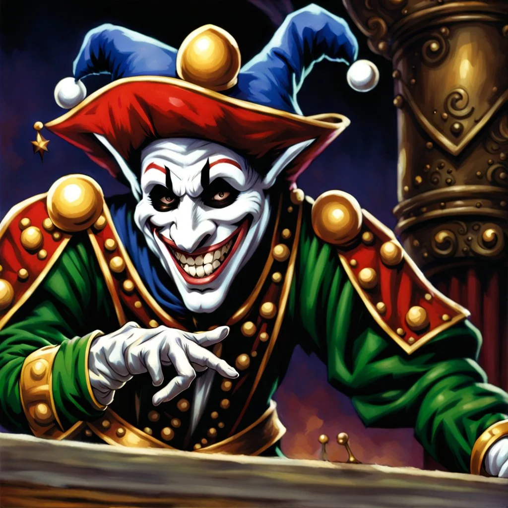 fantasy 90's tcg art jester with white mask happy heroic