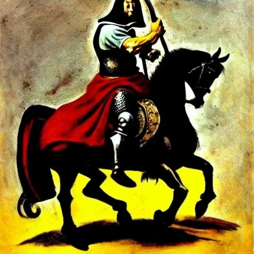 retrato de un caballero medieval montando a caballo con armadura frank frazetta style