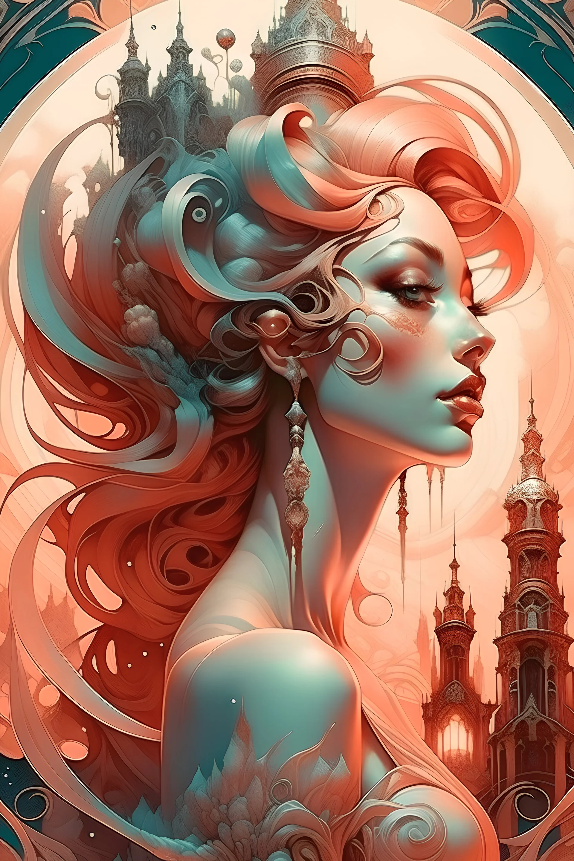 create a poster for a music concert called Capitalia with a female beautiful goddess that represents the city with highly detailed, sharply lined facial features, finely drawn, boldly inked, in soft ethereal colors, otherworldly, celestial, and beautiful in the style of Peter Mohrbacher. She must be looking forward