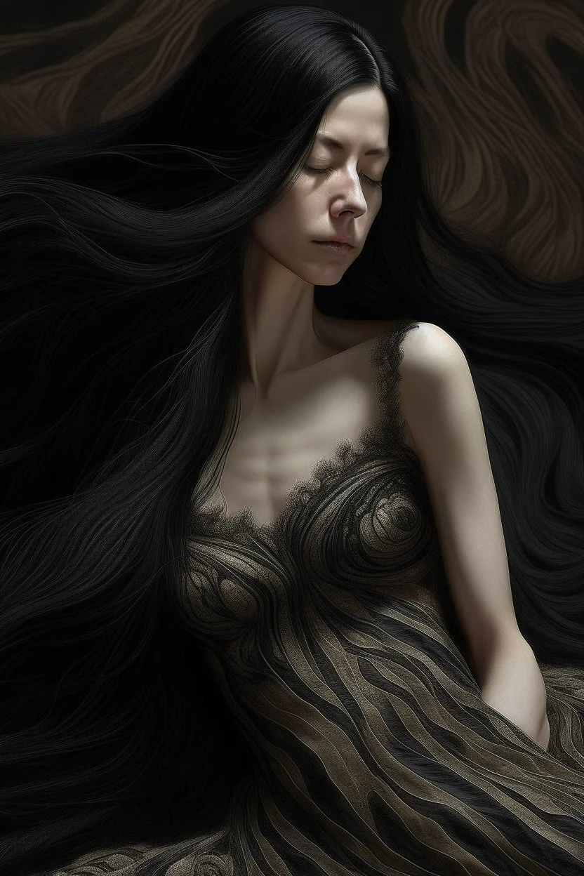 ((Hyperrealistic,hyperdetailed The image, possibly a photograph, captures the skin texture details of a incredible beautiful woman)) in lucid dreaming dress, very long black hair.